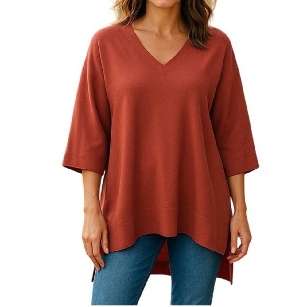 P Cill V-Neck‎ Tunic Sweater Womens Large Rust High-Low PT10463 Oversized Boho